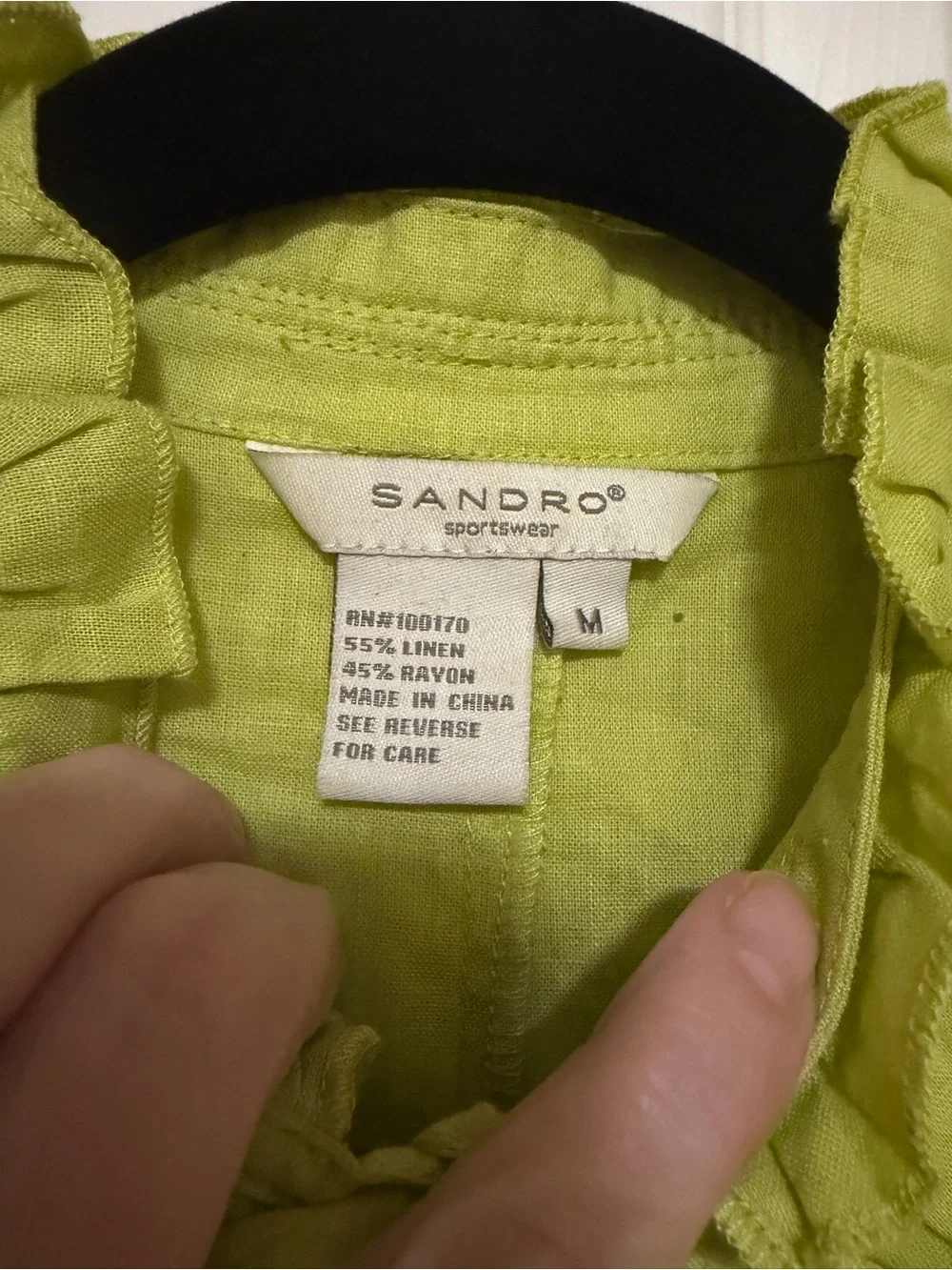 Vintage Y2K Sandro Lime Green Ruffle Linen Top Cottagecore Boho Blouse M - Picture 2 of 4